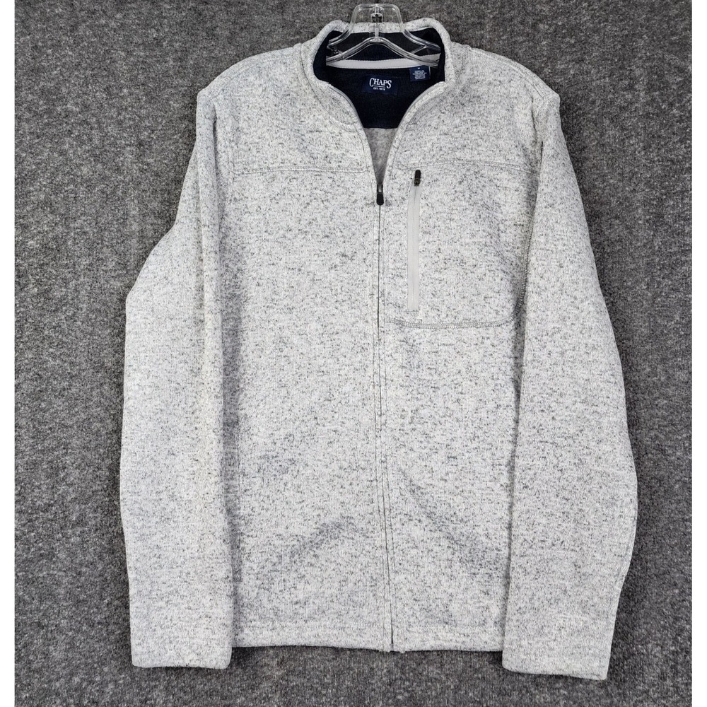 Chaps Sweater Fleece Jacket‎ Mens Medium Gray Marled Full Zip Mock Neck Pocket